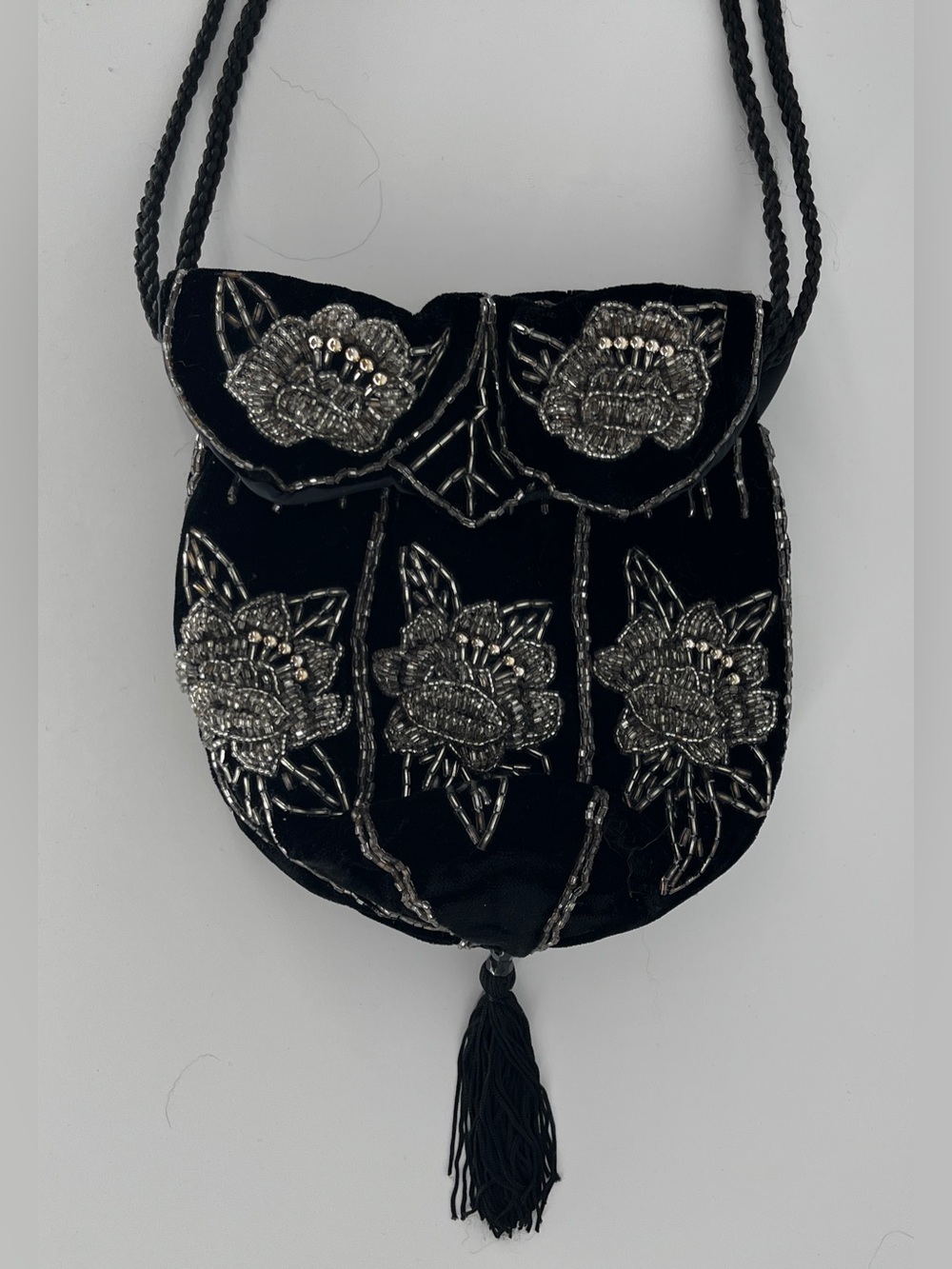 Vintage Beaded Black Velvet Crossbody Bag Floral Evening Purse